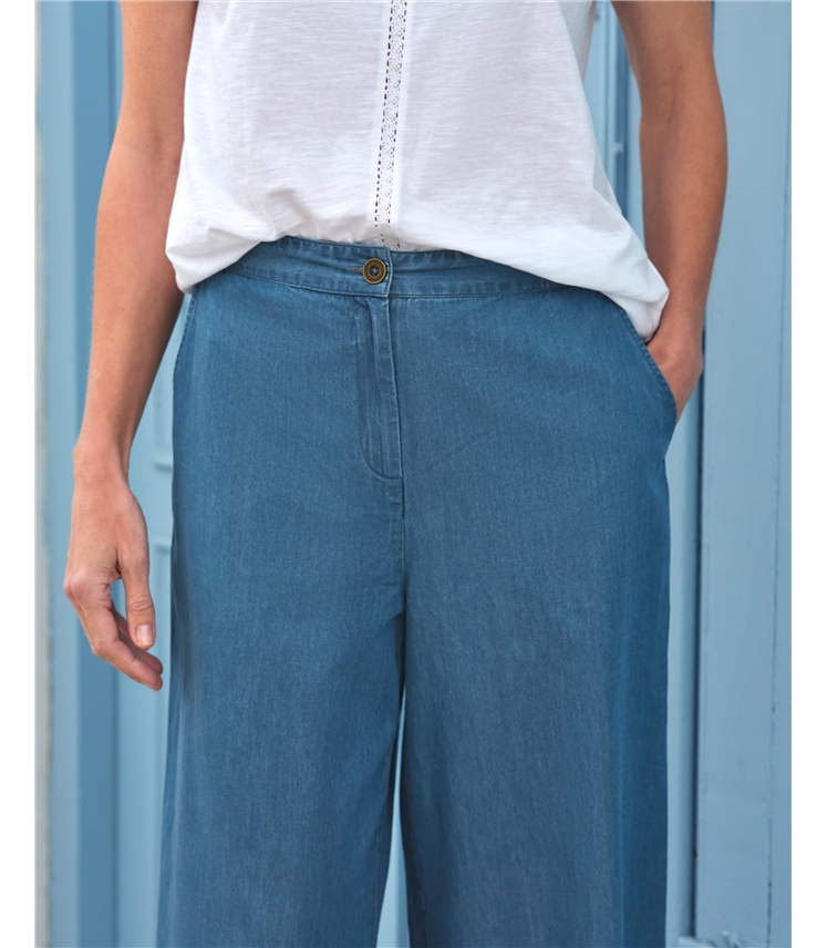 Mid Denim Blue | Chambray Wide Leg Trousers | WoolOvers UK