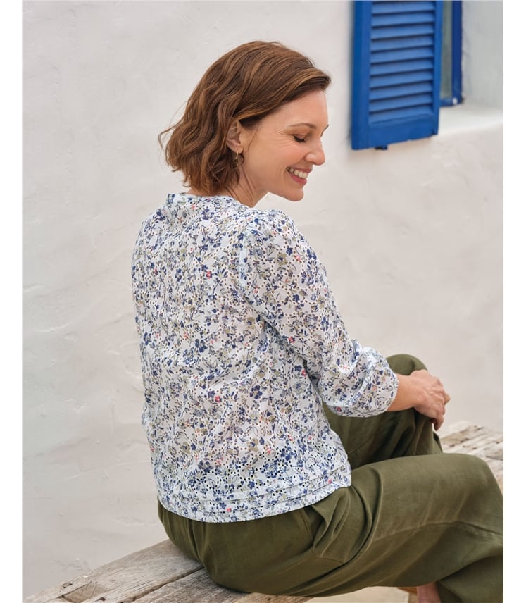 Printed Broderie Notch Neck Top