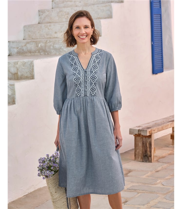 Ticking Stripe V Neck Dress