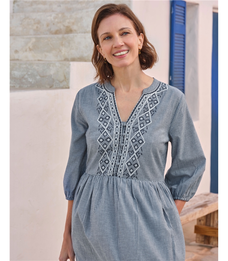 Ticking Stripe V Neck Dress