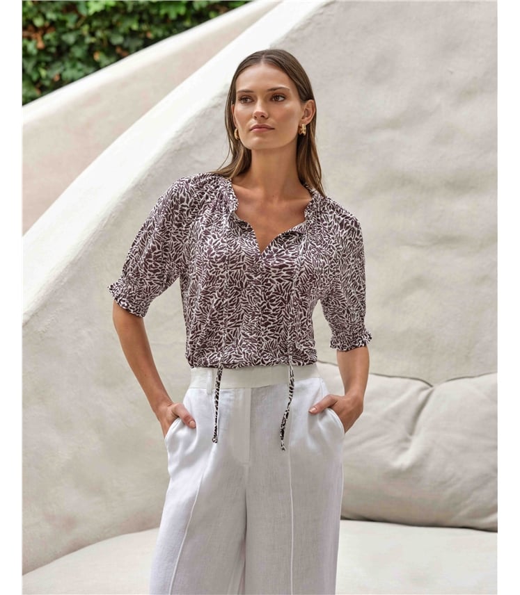 Short Sleeve Tie Frill Neck Blouse