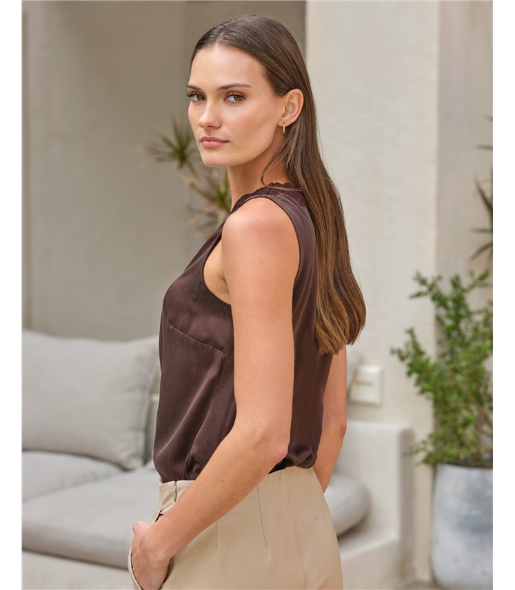 Lace Trim Silk Shell Top