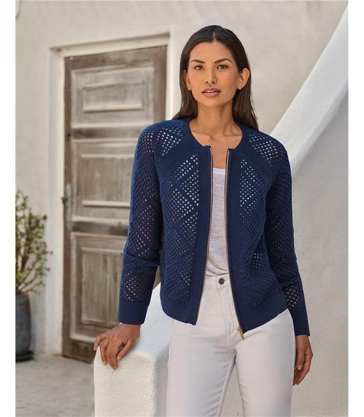 Cotton Mesh Zip Cardigan