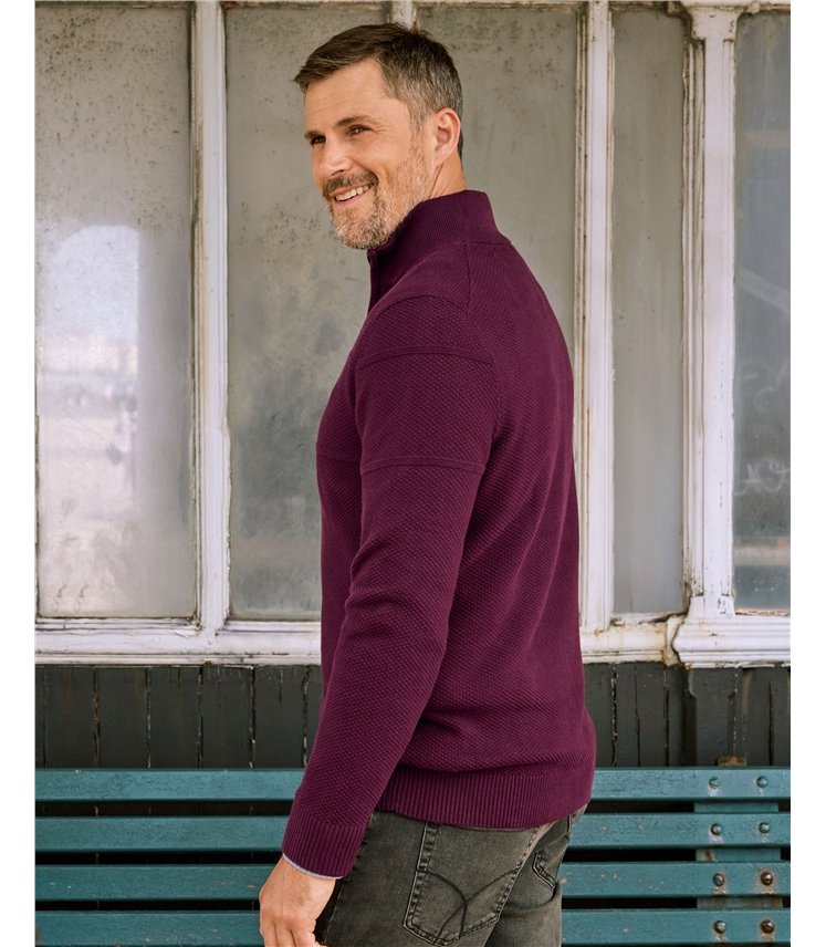 Mens Textured Cotton Zip Jumper