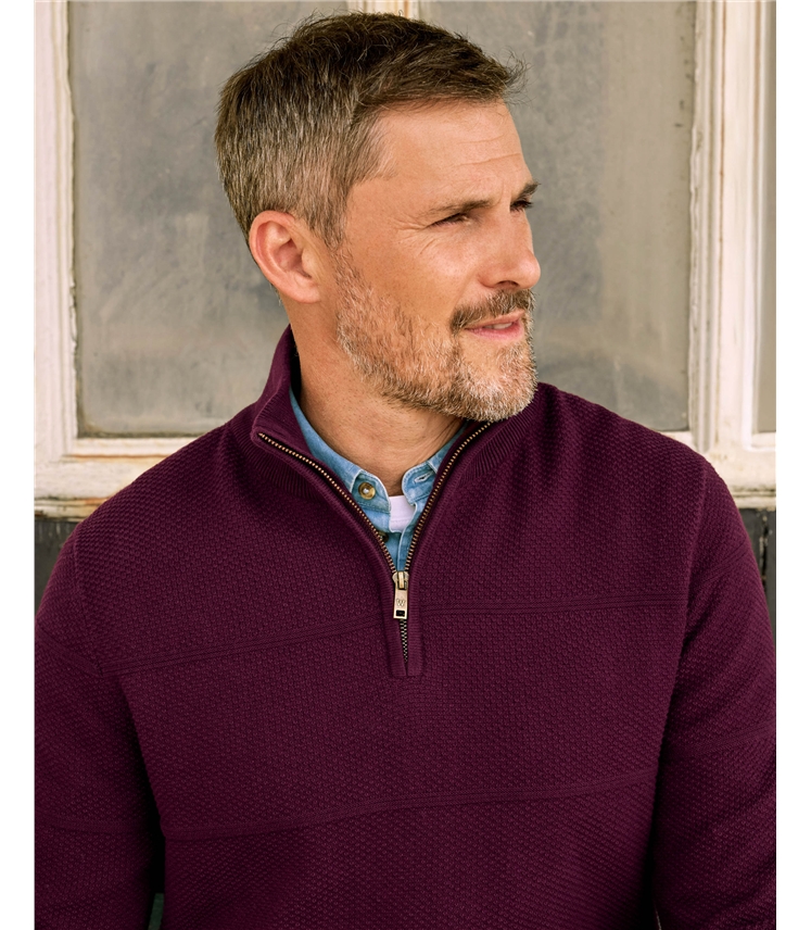 Mens Textured Cotton Zip Jumper