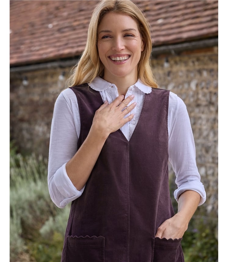 Stretch Cord Scallop Pocket Detail Pinafore Dress