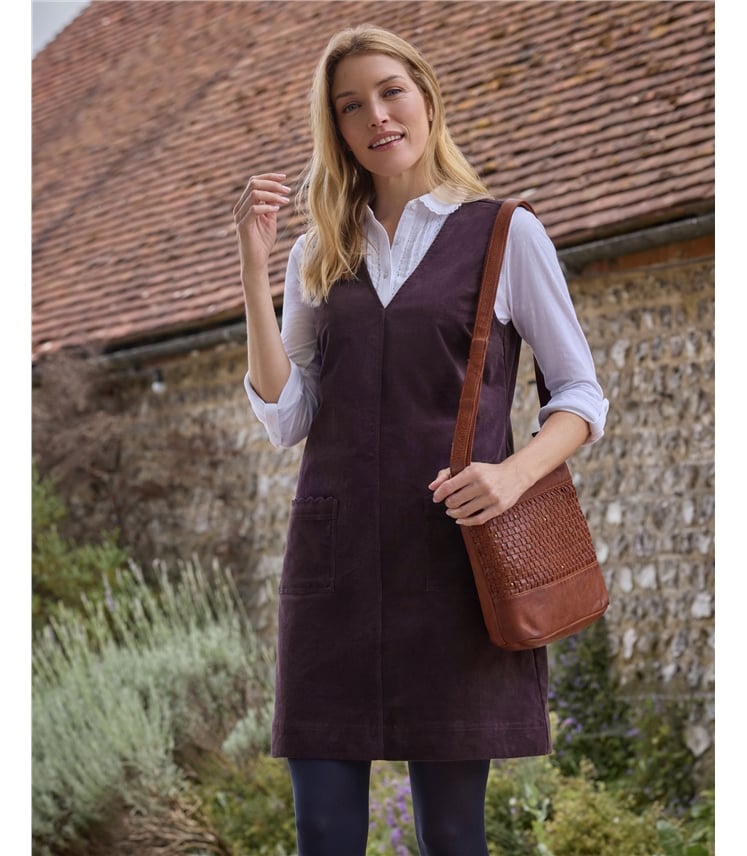 Stretch Cord Scallop Pocket Detail Pinafore Dress