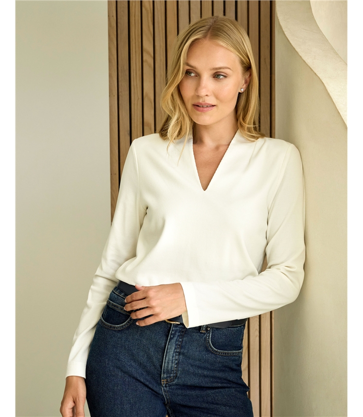 Fine Jersey Rib V Neck Top