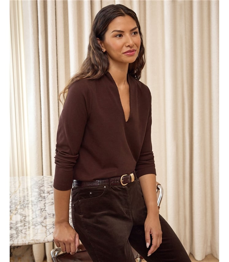 Fine Jersey Rib V Neck Top