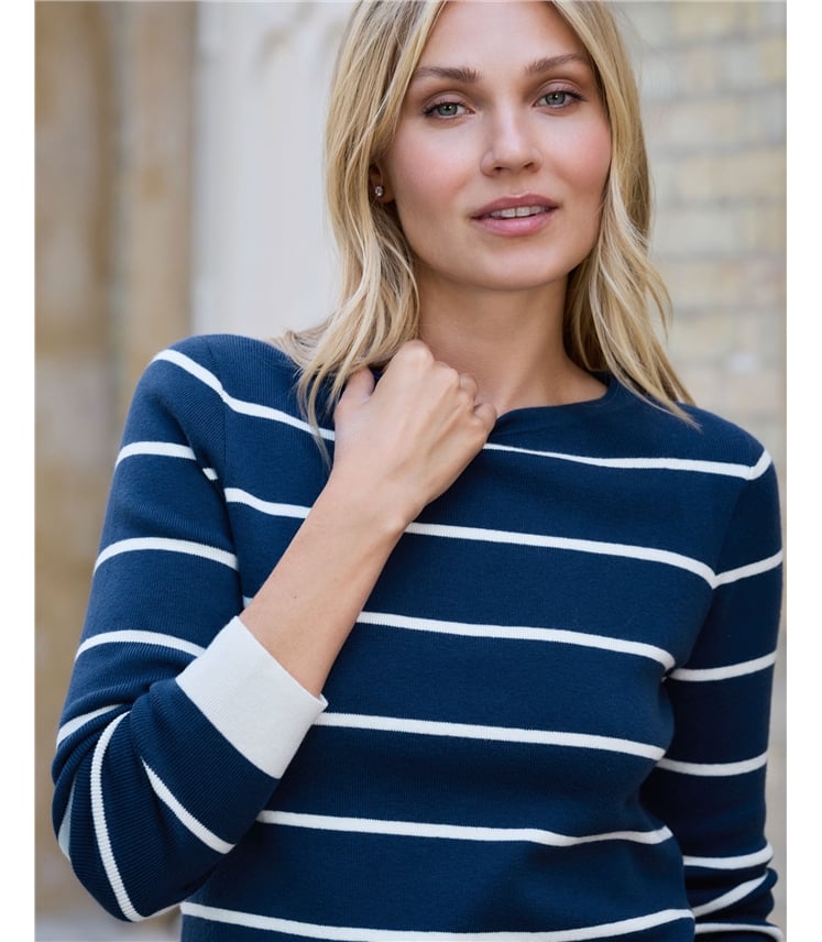 Cotton Wool Striped Boat Neck Jumper