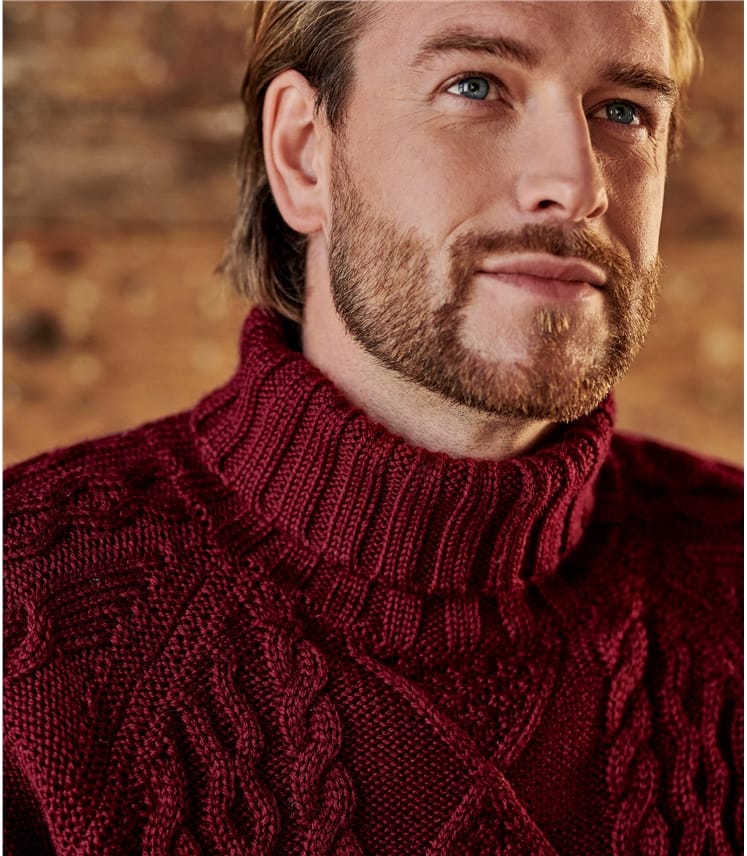 mens pure wool aran polo neck jumper