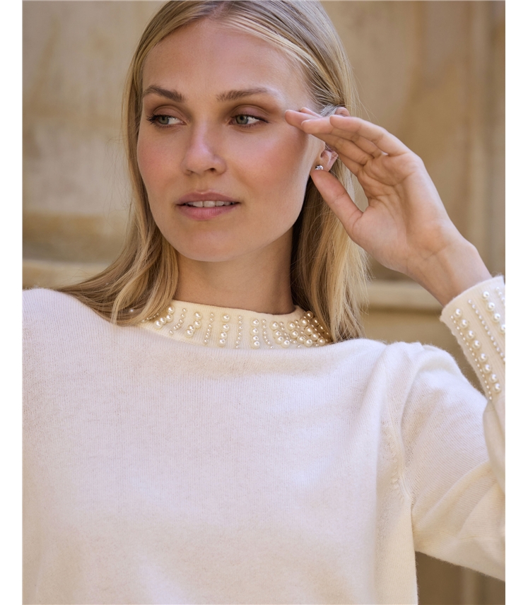 Wool Cashmere Pearl Trim Sweater
