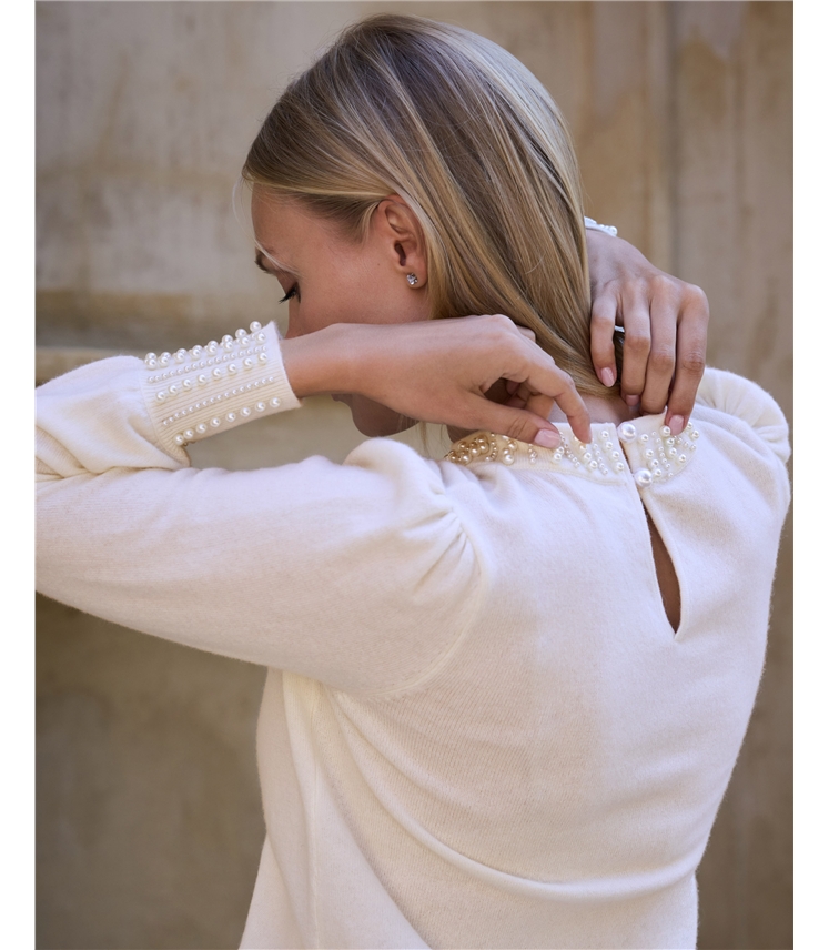 Wool Cashmere Pearl Trim Sweater