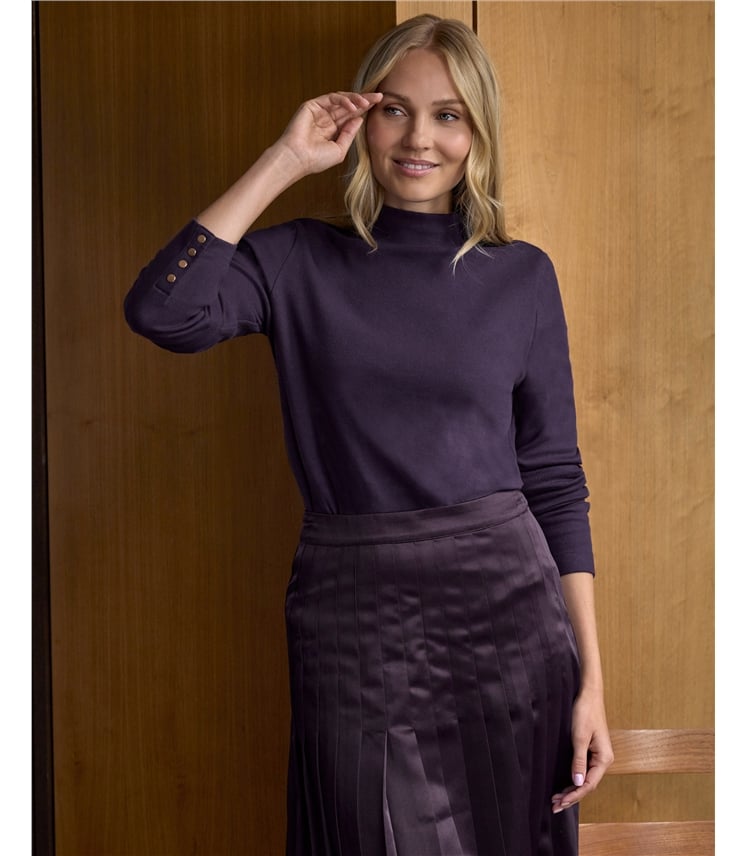 Jersey Button Cuff Turtle Neck