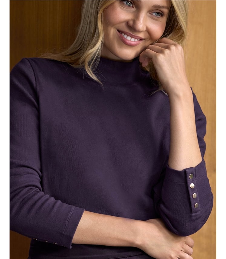 Jersey Button Cuff Turtle Neck