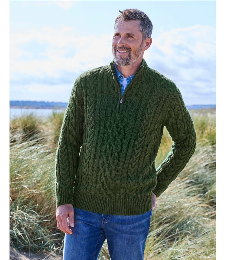 Pure Wool Knitted Aran Cable Zip Neck Jumper