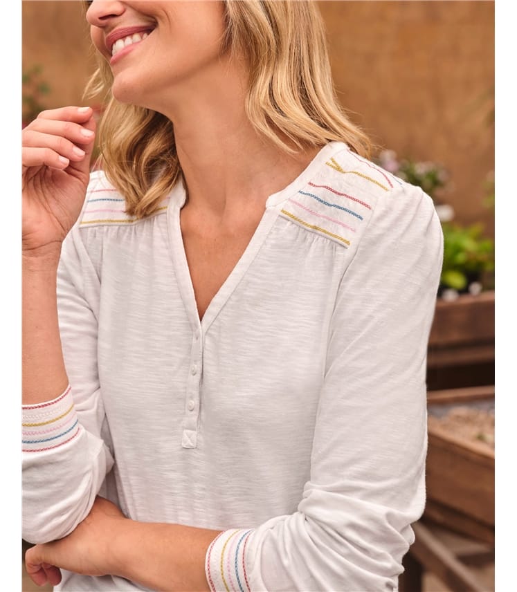 Embroidered Yoke Button Neck Top