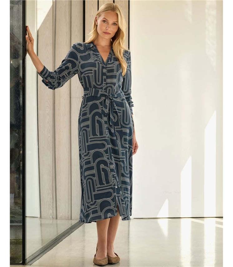 Linear Geo Silk Shirt Dress