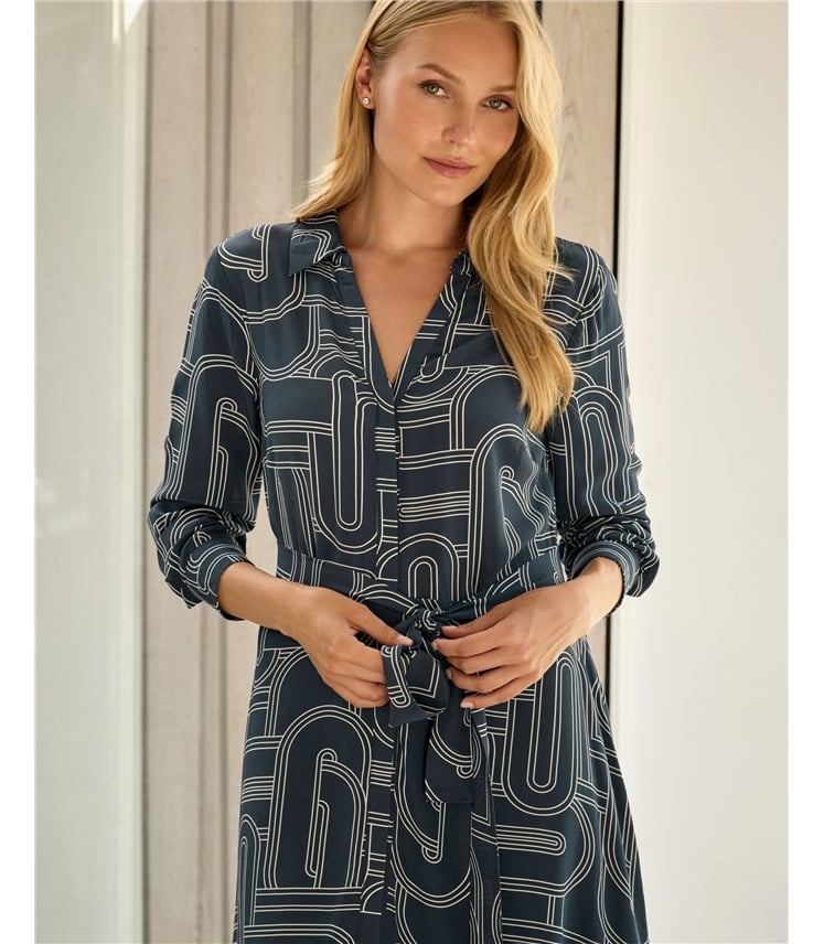 Linear Geo Silk Shirt Dress