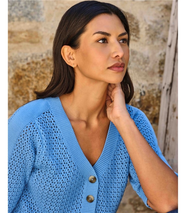 Cotton Mesh Button Neck Top