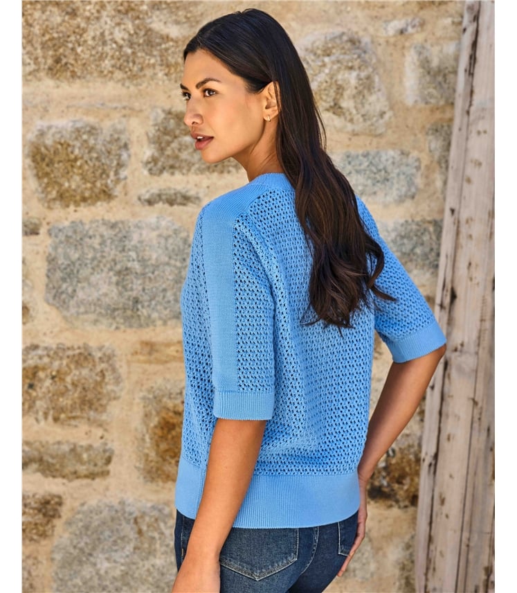 Cotton Mesh Button Neck Top