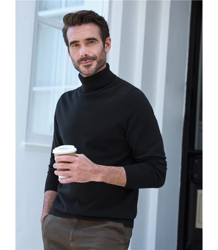 Black | Mens Cashmere Roll Neck Sweater | WoolOvers UK