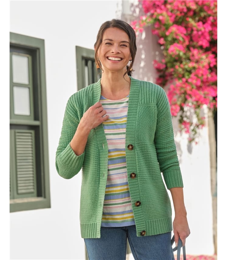 Apple Green | Longline V Neck Textured Stitch Cardigan | WoolOvers AU
