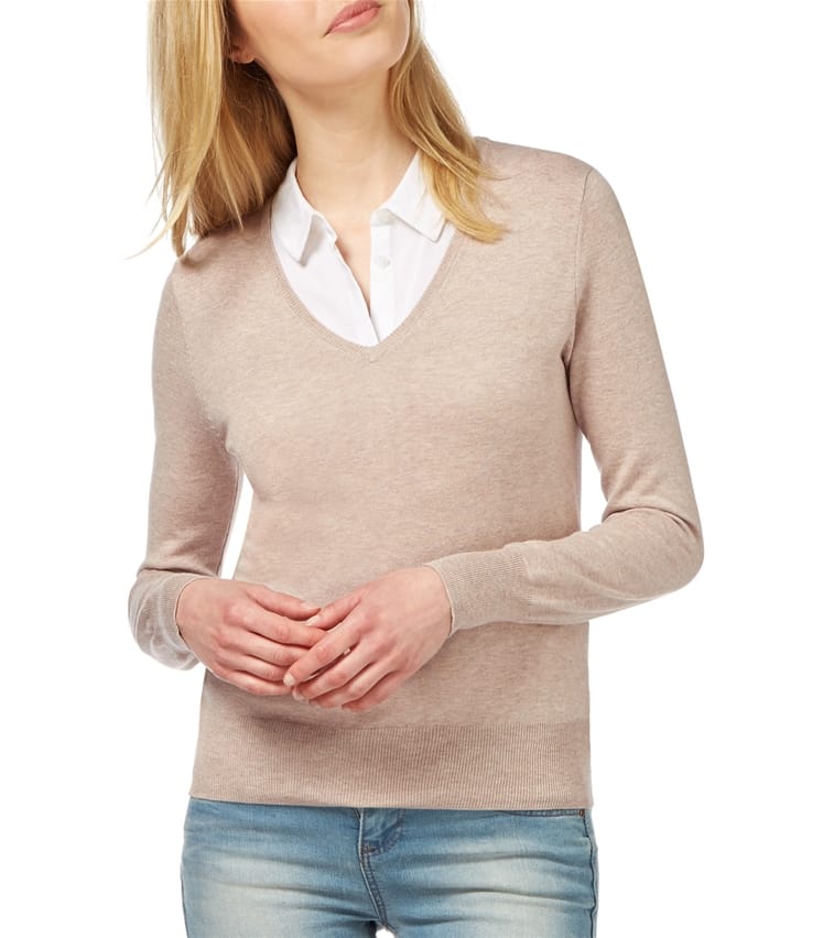 Linen Womens Silk & Cotton Long Sleeve V Neck Jumper WoolOvers AU