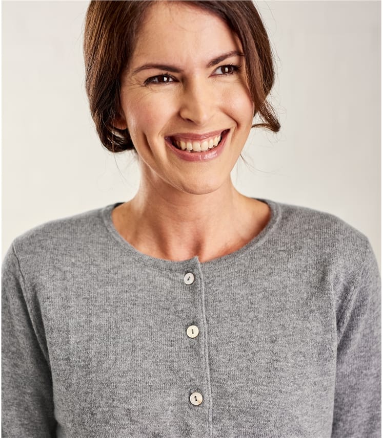 Flannel Grey Womens Cashmere & Merino Luxurious Crew Neck Cardigan