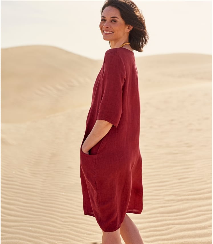 Red | Womens Linen Pocket Tunic Dress | WoolOvers UK