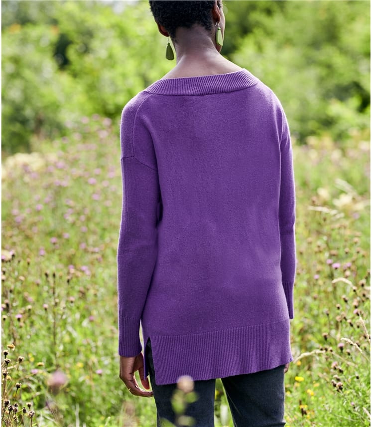 Bright Aubergine | Cashmere Merino Deep V Neck Tunic | WoolOvers UK