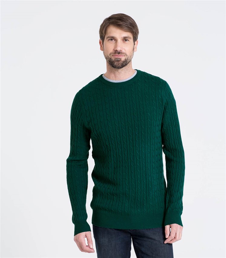 Bottle Green | Mens Cashmere & Merino Cable Crew Neck Sweater ...