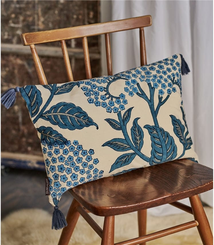 Blue Printed Cotton Rectangular Cushion Cover WoolOvers UK