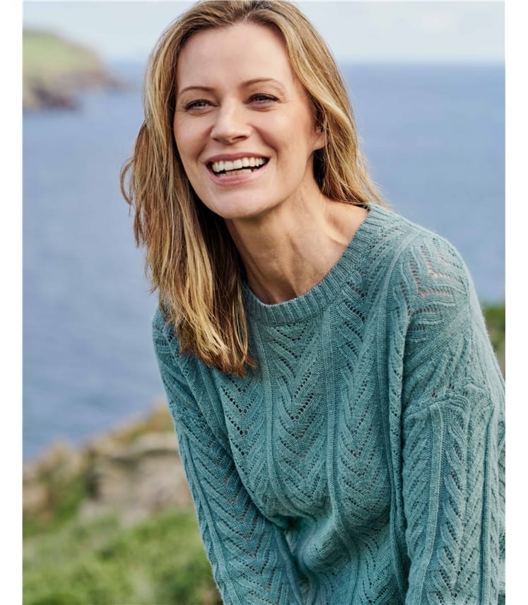 Teal Sky | Cable Sweater With Pointelle Detail | WoolOvers US