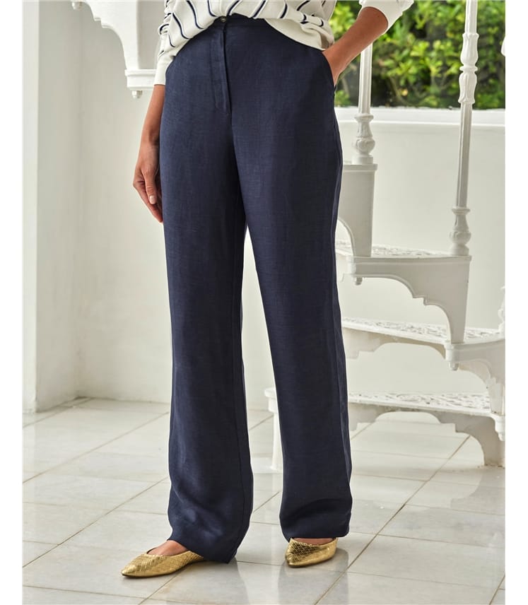 Linen Blend Wide Leg Trousers Navy Pure Collection