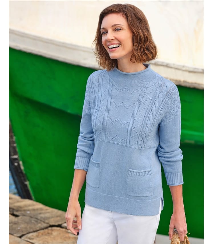 Soft Blue | Cable Cotton Rich Guernsey Jumper | WoolOvers UK
