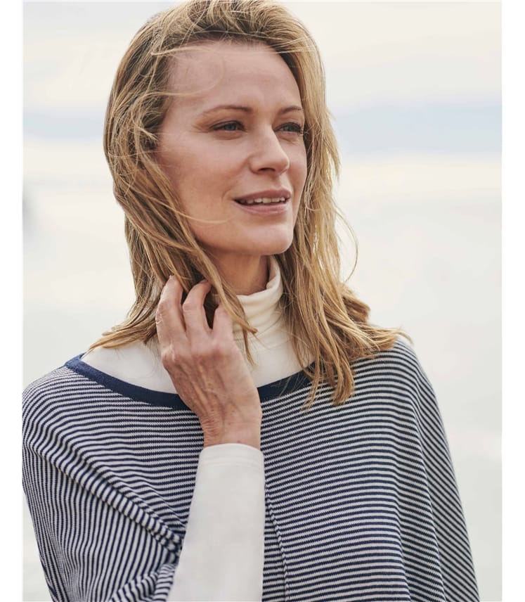 Poncho Plain Navy Merino - Navy White Thin Stripe long cuff - Pre-Order main image 1