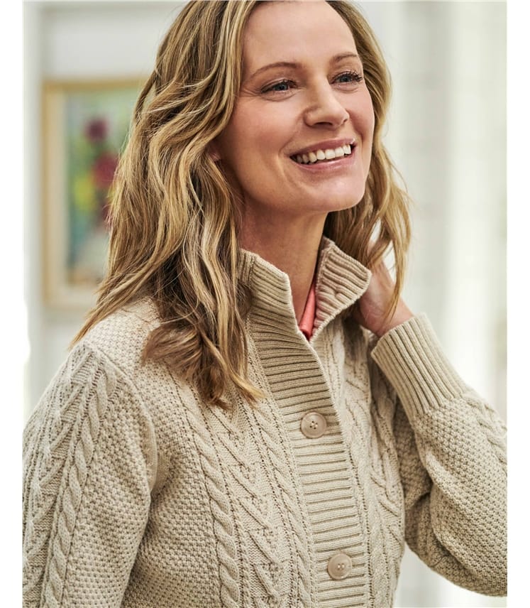 Natural Linen | Cable High Neck Button Cardigan | WoolOvers UK
