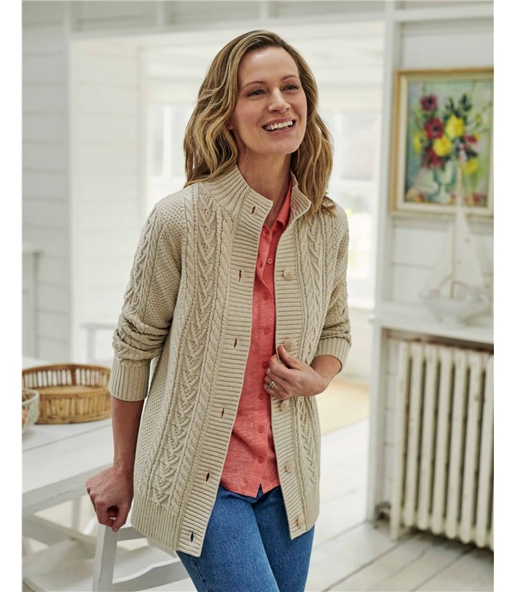 Natural Linen Cable High Neck Button Cardigan Woolovers Au