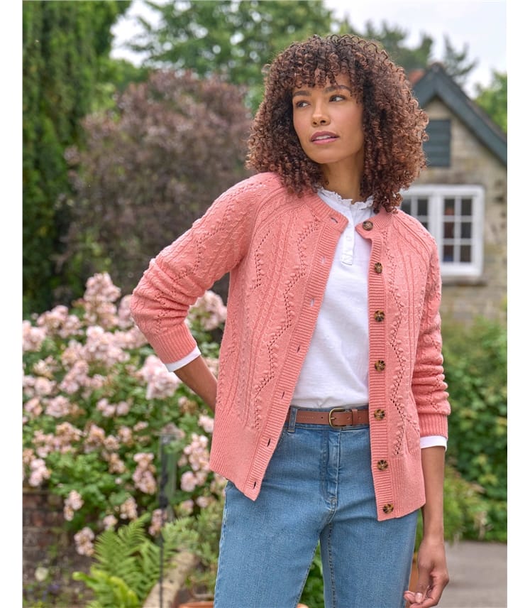 Cable Pointelle Crew Neck Cardigan