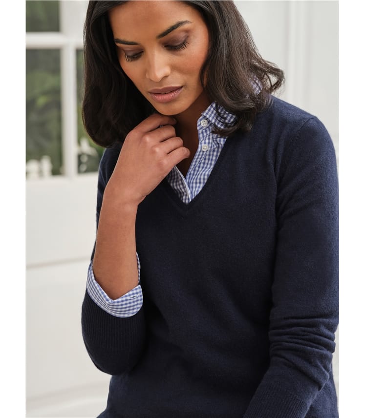 Navy | Cashmere V Neck Sweater | WoolOvers UK