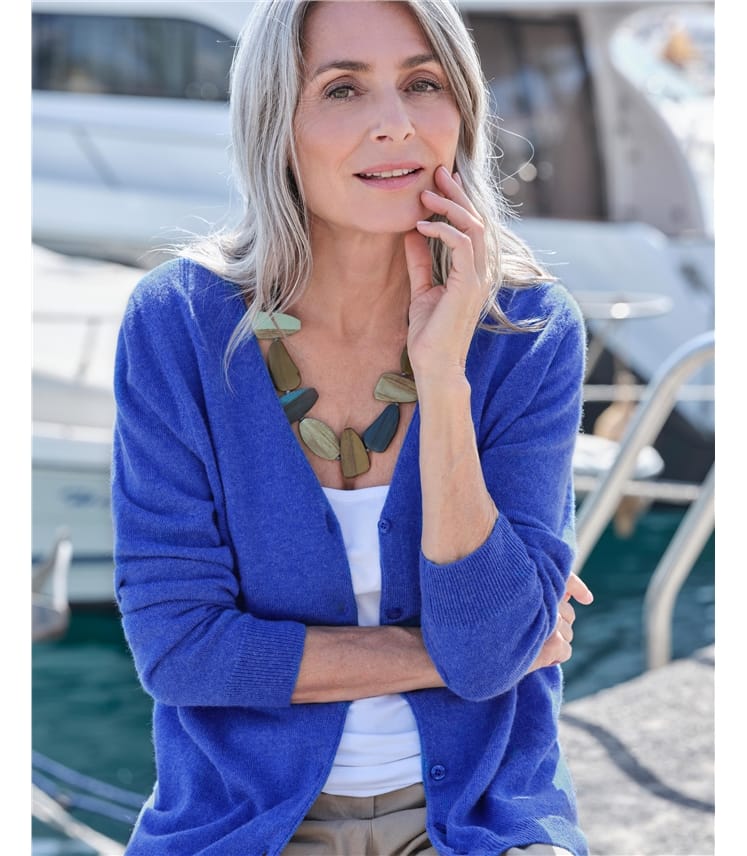 Bluebell Marl, Cashmere Merino Classic V Neck Cardigan