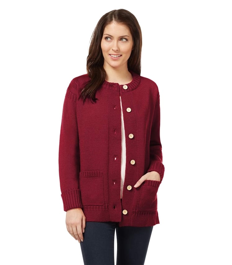 Burgundy | Womens Pure Wool Guernsey Long Crew Neck Cardigan | WoolOvers AU