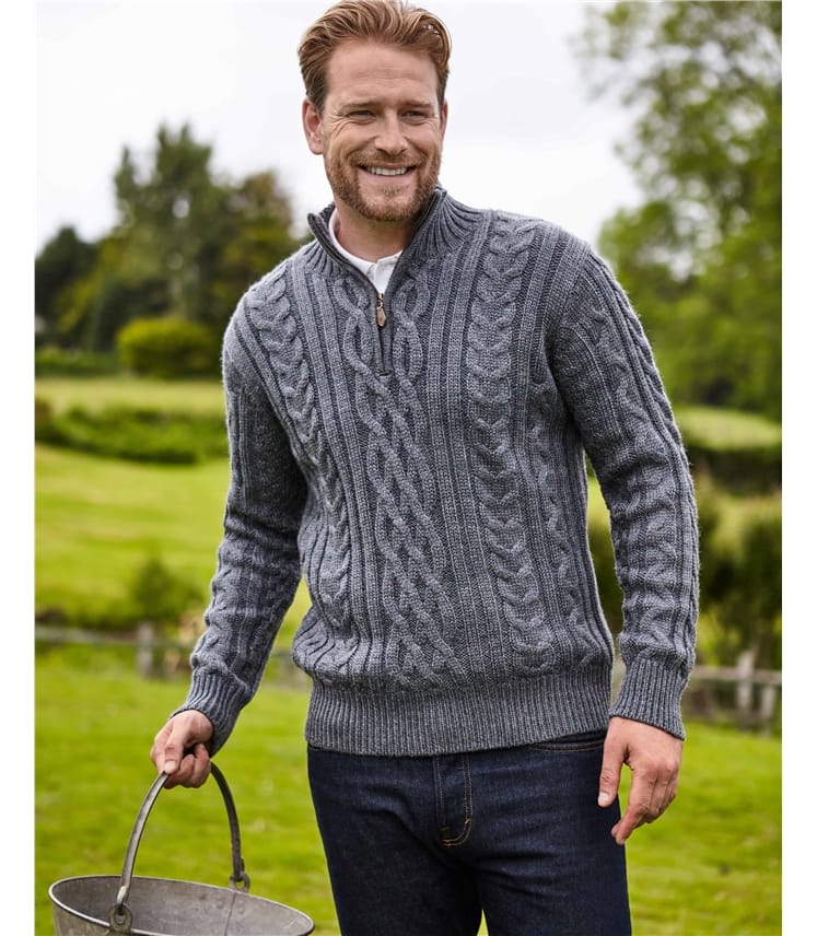 Pure Wool Knitted Aran Cable Zip Neck Jumper