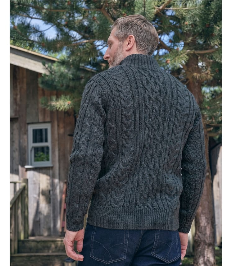 Pure Wool Knitted Aran Cable Zip Neck Jumper