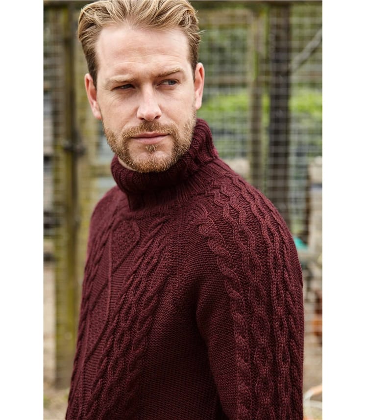 Pure Wool Knitted Aran Polo Neck Jumper