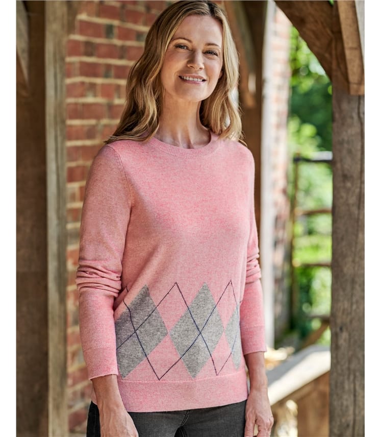 Pink/Grey | Argyle Hem Sweater | WoolOvers US