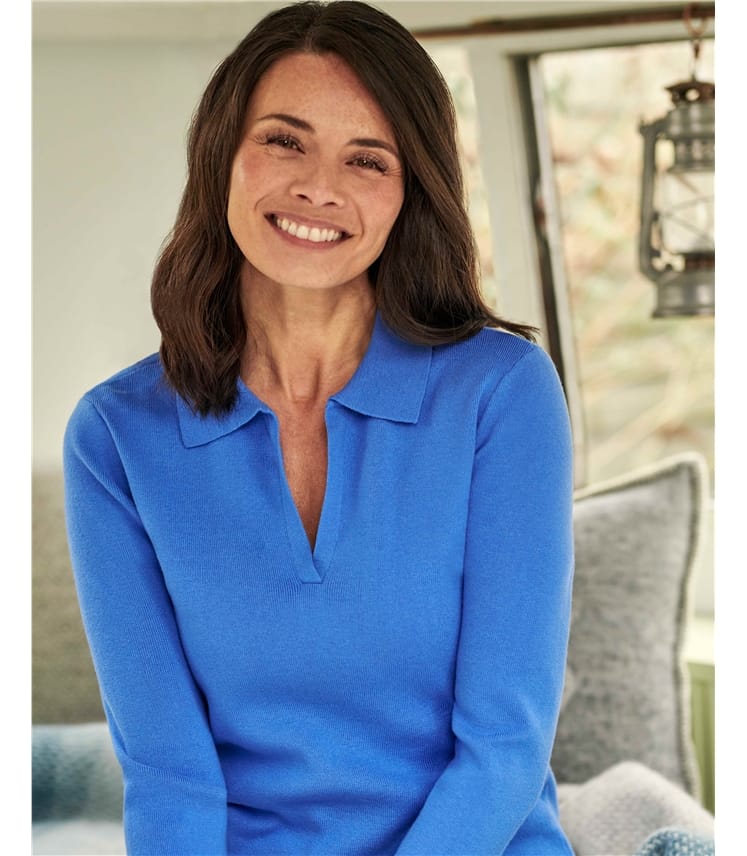 Cotton Cashmere Open Polo Neck Top 