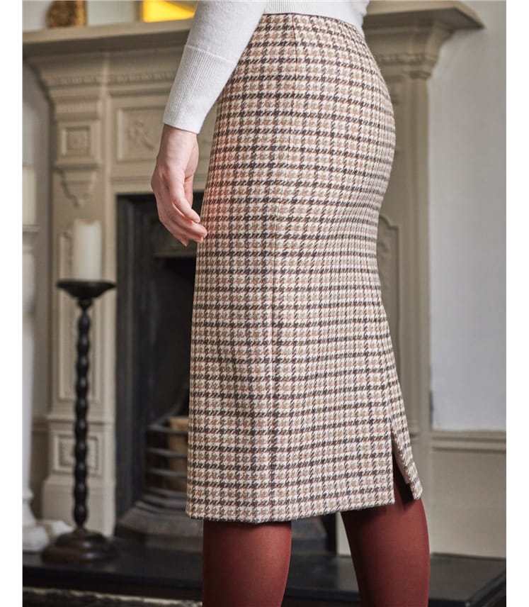 Neutral Dogtooth, Wool Midi Skirt