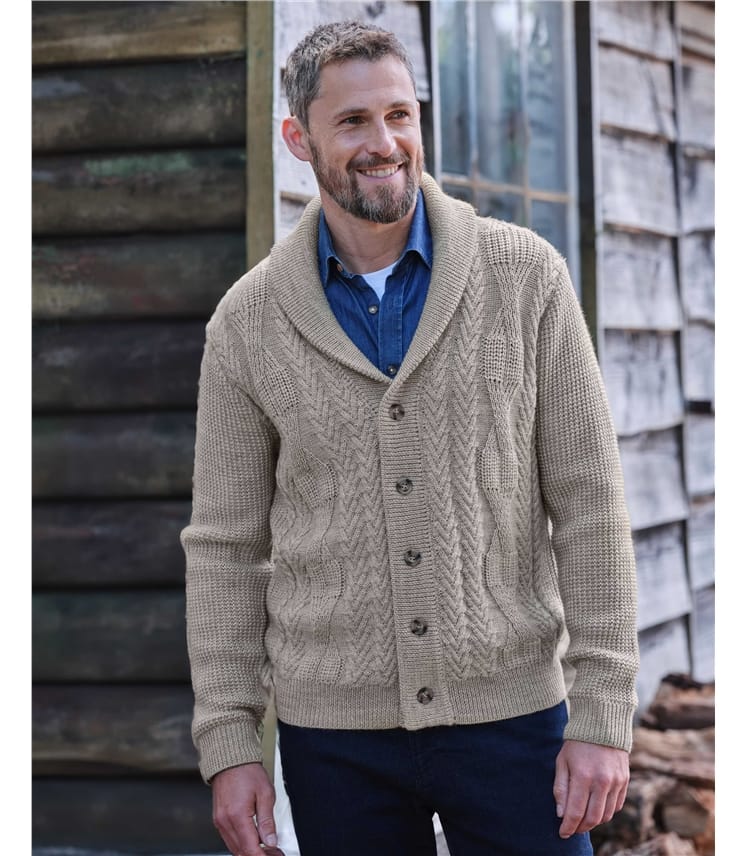 Oatmeal | Logan Cable Shawl Collar Cardigan | WoolOvers US